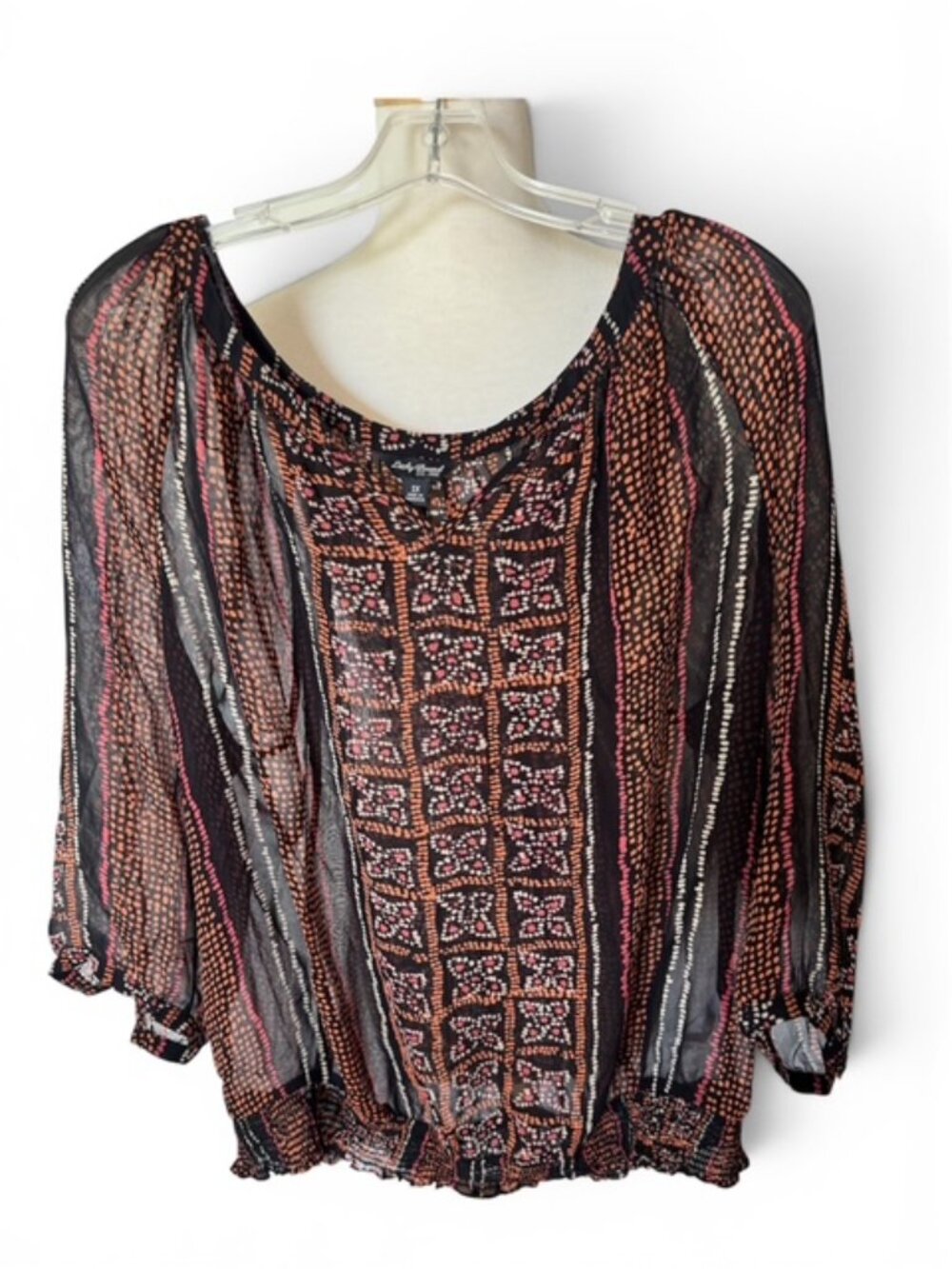 Women's Plus Lucky Brand Boho Peasant Sheer Blouse Black/Rust, 1X